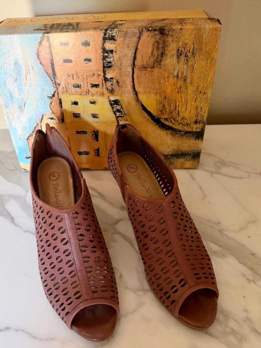 Bella Vita Brown Leather Perforated Peep Toe Booties 8M